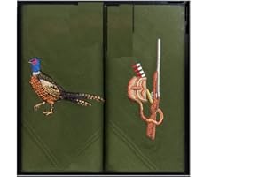 FARM COTTAGE BRANDS Two 40cm Square cotton embroidered green handkerchiefs with a pheasant on one and a shotgun and cartridge bag on the other