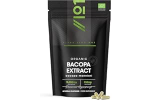 Organic Bacopa Monnieri Extract 15,000mg - 50% Bacosides (250mg) - 60 Vegan Capsules - High Strength 30:1 Brahmi Supplement - Resealable and Recyclable Pouch by Alpha01