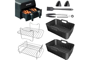 HMFMDY Air Fryer Accessories Set of 8 PCS with Reusable Silicone Air Fryer Liner, Dual Air Fryer Rack, Oil Brush, Skewer, Food Clip, Silicone Glove, Kitchen Tong for Ninja Dual AF300UK AF400UK - Black