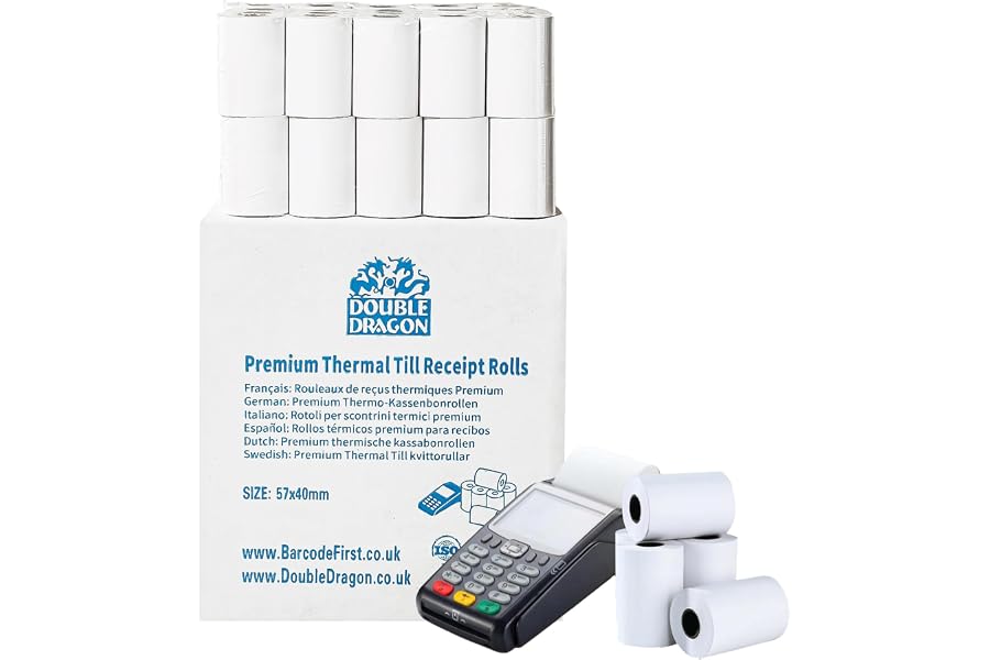 Double Dragon 57 x 40 mm Papel Térmico Premium para Recibos para Máquinas PDQ, POS, EPOS [Paquete de 20 unidades]