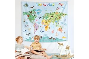 BASHOM TP-001 Large Animal World Map Tapestry Kids Tapestries Wall Hanging for Bedroom Living Room Dorm Art Home Decor Polyester 60x50 inches (150x130cm)