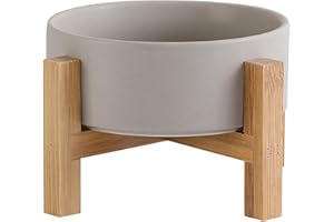 HCHLQLZ Futternapf Katze Fressnapf Katze Katzennapf - Erhöht mit Napfständer Holz und Rutschfesten Füßen - Hundenapf Keramik für Katzen Hunde Welpe Futter und Wass - 400ml - Grau