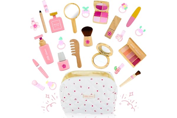 Joellfuner Ensemble de maquillage en bois fille, kit de maquillage pour fille, jouet en bois avec élastiques à cheveux, pinces à cheveux et tatouages, sac à cosmétiques, cadeau