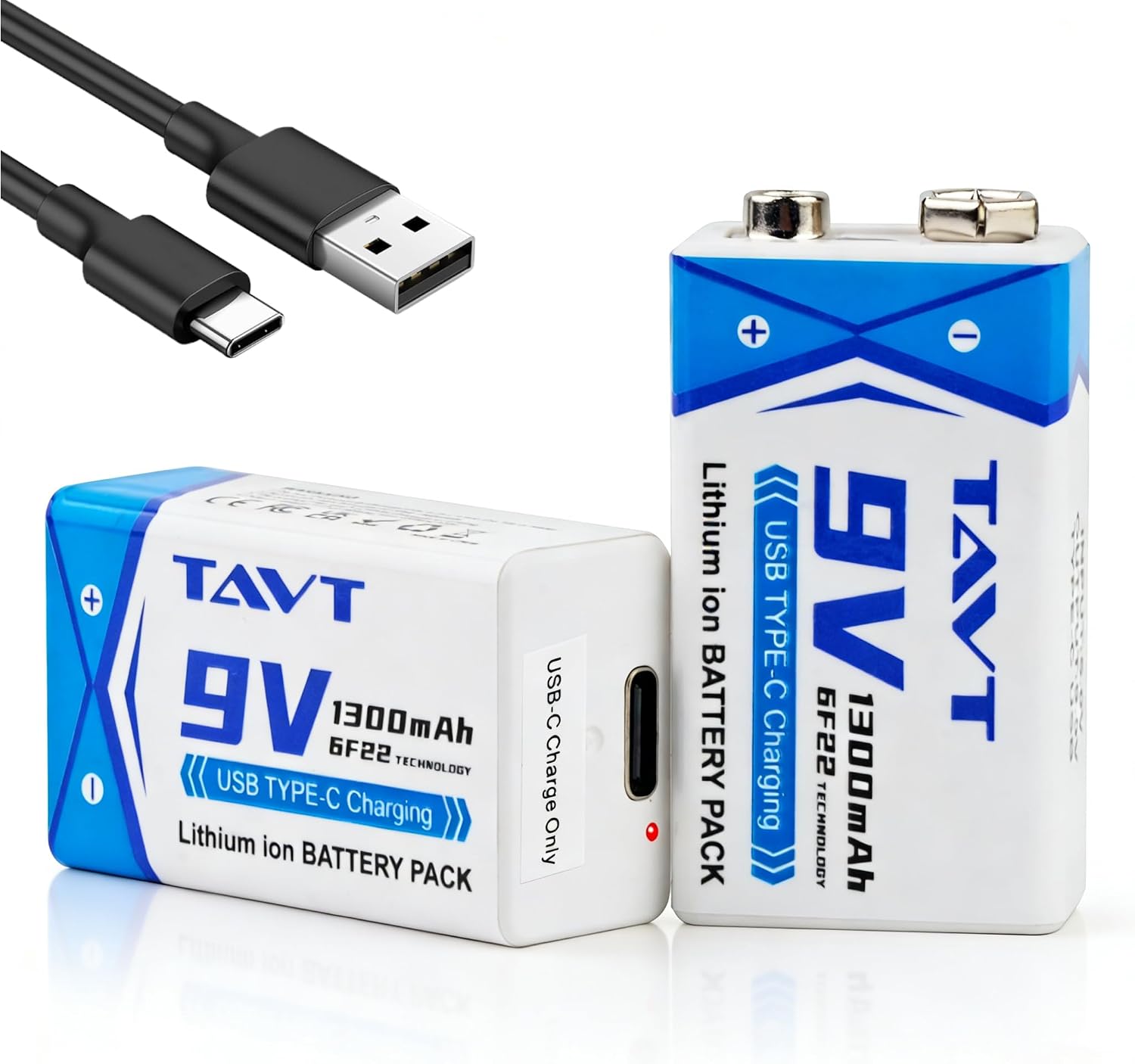 TAVT 2X 9V baterías de 1300mAh con Puerto de Carga USB-C para Juguetes, Detector de Humo, multímetro, walkie-talkies, micrófonos