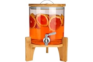 Belle Vous Dispenser Acqua - Distributore Bevande con Rubinetto - Contenitore in Vetro con Supporto in Bambù - Capacità 5 L - Caraffa per Bibite Calde e Fredde
