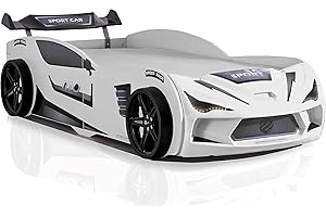 Aileenstore Rio Letto da bambini a forma di auto, da 90 x 200 cm, con rete a doghe, illuminazione a LED e spoiler (senza materasso e sedili sportivi, bianco)