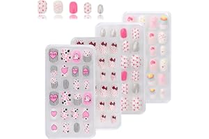 SAVITA 96 Pieces 4 Drawers Fake Nails for Kids Colorful Pre-Glue Adhesive Cover Short False Nails Fake Nails for Girls Lovely