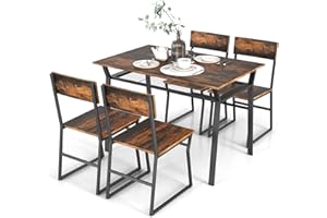 COSTWAY Dining Table and Chairs Set 4, Wood Effect Rectangular Kitchen Table with 4 Chairs, Storage Rack & Foot Pads, Metal Frame Space Saving Dining Set for Home Restaurant (Rustic Brown)