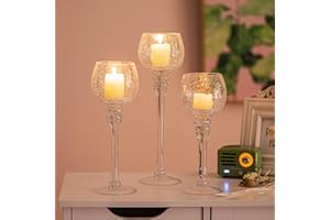 Romadedi Portacandele in vetro: set da 3 portacandele a forma di candela, 23,5/25,5/31,5 cm, per candeline a pilastro, decorazione per soggiorno, decorazione da tavolo, matrimonio, camera da letto