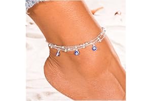 Dervivea Cavigliera Boho con occhio malocchio, a strati, catena in argento, cavigliera con occhi turchi, cavigliera con ciondolo a forma di occhio blu, gioiello per donne e ragazze