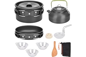 DUOJIN Kempingowy zestaw naczyń do gotowania, patelnia, dzbanek do herbaty, garnek 10-częściowy, garnki piknikowe z aluminium, dla 2-3 osób