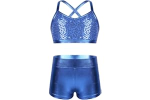 FEESHOW Maillot de Bain 2 Pieces Enfant Fille Costume Gymnastique Brillant Paillette Ensemble Danse Tenue Ballet Gym Haut Gilet à Bretelle & Short de Danse Sport Outfit