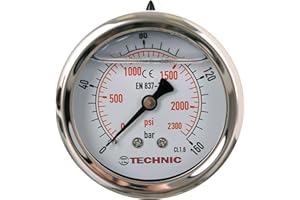 TC TECHNIC Manómetro glicerina lleno, 63 mm, 0 – 160 bar, 2300 psi, 1/4 pulgadas, indicador de presión