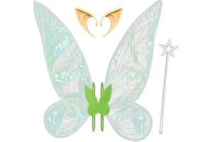 Orgoue Feenflügel, Tinkerbell Kostüm Feenflügel Tinkerbell Flügel für Erwachsene Damen Kinder, Flügel Fee mit Elfenohren und Feenstab für Halloweenkostüm Karnevalskostüm Kleid Party