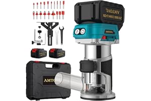 AMTOVL Affleureuse Défonceuse 30000RPM 6 Vitesses Variables Affleureuse à Bois sans Fil avec 2PCS 21V 3.0A Batterie 15PCS Fraises à Défoncer Défonceuse Électrique en Cuivre Pur pour le Travail du Bois