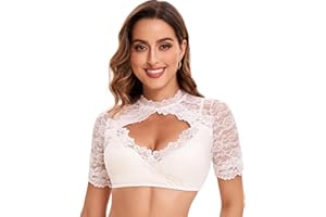 Goxozzy Dirndlbluse Spitze Damen Oktoberfest Trachtenbluse Kurzarm hinten mit Knopf Weiß Schwarz Größen 34-44