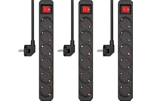 Set med 3 ELRO ES106 6-vägs grenuttag med strömbrytare och 1,5 m kabel – barnsäkring – Schuko-kontakt – max. 3680 W – TÜV-tes