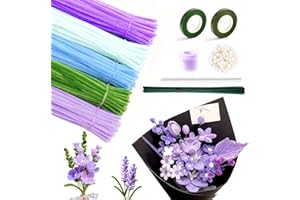 GOOGO Kit de 500 Pièces Chenille Loisir Creatif, 5 Couleurs Fils Chenilles Loisirs Creatifs avec 20 Fils Verts, 2 Rubans Floraux, 1 Ruban, 1 Bâton de Colle, 100 Perles Décoratives (Bleu Violet)