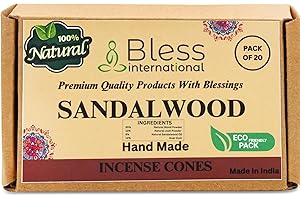 Bless International Sandalwood 100%-Natural-Incense-Cones Handmade-Hand-Dipped Organic-Chemicals-Free for-Purification-Relaxation-Positivity-Yoga-Meditation The-Best-scents (20 Count)