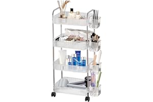 FANFX 4 Tier Rolling Cart with Hanging Basket, Acrylic Storage Carts with Lockable Wheels, Utility Carts Storage Organizer Serving Cart for Office, Living Room, Kitchen, Bathroom