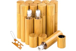 12 Stück Roll On Flaschen für ätherisches Öl mit Bambusschale, MERYSAN 10ml Nachfüllbarer Leer Behälter mit Edelstahl-Roller Kugeln, Roller Ball Flaschen Container für Aromatherapie Duftstoff