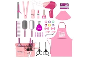deAO Girls Beauty Salon Set, 32PCS Kids Beauty Salon Toy Kit,Pretend Play Hair Stylist Toy Kit with Hairdryer, Barber Costume Apron,Hair Styling Toy Playset for Girls
