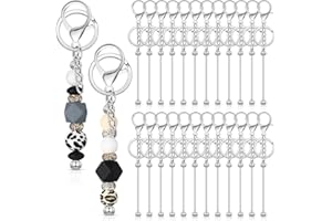 Comphic 24 Piece Beadable Metal Keychain Bars Bulk Zinc Alloy DIY Blank Keychain for Bead Crafts Silver