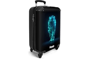 NoBoringSuitcases.com® Handgepäck Koffer Kinder 55x35x20 cm Reisekoffer Kinderkoffer mit 4 Rollen Leicht Cabin Trolley Hartschalenkoffer Flugzeug Tiger - Neon - Blau