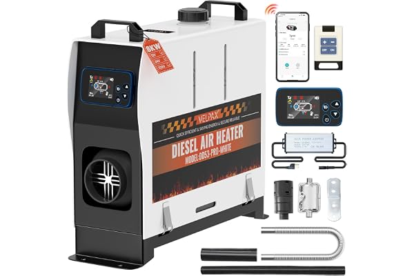 VELPAX Chauffage Diesel 8 KW 12V/24/220V Tout-en-Un Portable Chauffage à Air Diesel,0,16-0,52 L/h Réchauffeur d'air Diesel 8-36 ℃ Réglable 15-20 m² Contrôle Intelligente Télécommande LCD Bluetooth APP
