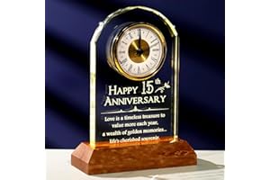 Arikyrist Happy 15th Wedding Anniversary Quartz Clock Gifts, 15 Years of Marriage Anniversary Light-up Desk Clock Crystal Engraved Keepsake Wedding Presents for Couple Home Ornament