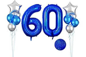 FUNHOT Laser Blue Number 60 Balloon, 40 Inch 60th Birthday Balloons, 12Pcs Metallic Blue Latex Balloons Metallic Silver Star Balloons Glitter Giant 60th Balloons for Men Women 60th Birthday Party Decorations