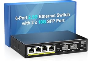 VIMIN 6 Port 2.5G Unmanaged Network Switch, 4x 2.5Gbase-T Ports, 2x 10G SFP, 60Gbps Ethernet Switching Capacity, One-Key VLAN, Metal Housing, Fanless, Work for 2.5Gbps Nas, Wireless AP & PC