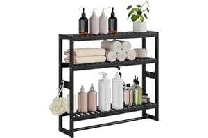 RRX Bambus-Badezimmerregal, 15cmx59cmx53cm H, 3-stöckig, verstellbare Schicht, schwebender Wandständer oder Ständer mit Stange, Standregal, Handtuchhalter, Hängestange für Badezimmer (Schwarz)