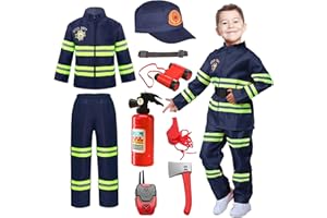 Cnexmin Deguisement pompier Costume de Pompier pour Enfants avec Pompier Jouet pour Halloween Carnaval Enfant Jeu de rôle Cadeau 3,4,5,6,7,8,9 ans