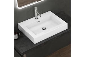 doporro Lavabo Suspendu Vasque à Poser Blanc 60cm Lave Mains Rectangulaire Colossum18 60x48x10cm