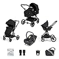 Ickle Bubba Atom 3-in-1 Travel System with Astral Car Seat, Suitable from Birth to 22kg, Lie Flat (0-9kg) & Seat Mode (6m-22kg), Compact Pram & Pushchair with 5-Point Safety Harness – Black