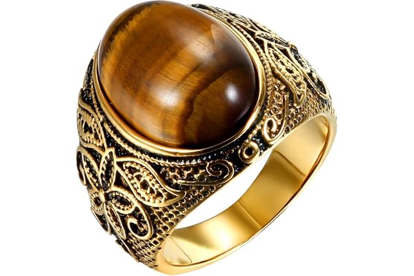 JewelryWe Bijoux Bague Homme Oeil de Tigre Rétro Fleur Sculpté Chevalière Anneau Or Acier Inoxydable Fantaisie Taille optionnelle avec Sac Cadeau