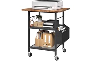 MAHANCRIS Mobiletto per Stampante a 3 Ripiani con Ruote, Supporto per Stampante in Stile Industriale con Tasca Laterale, Piano in Legno, 2 Ganci a S, per Ufficio e Casa, Marrone Vintage e Nero