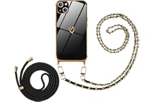 Pnakqil Funda con 2* Cuerda para Apple iPhone 13 6,1", Amor Corazón Patrón Galvanoplastia Carcasa, TPU Silicona Case con Collar Correa de Cuello Cordón Cadena de Metal Antigolpes Fundas, Negro