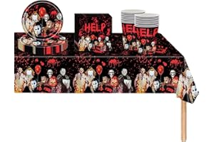 YAAVAAW Halloween Party Tableware Set,53pcs Horror Movie Character Dinnerware Set Halloween Tableware Decor Plastic Tablecloth,Paper Plates Napkins and Cups for Halloween Scream Party Decorations
