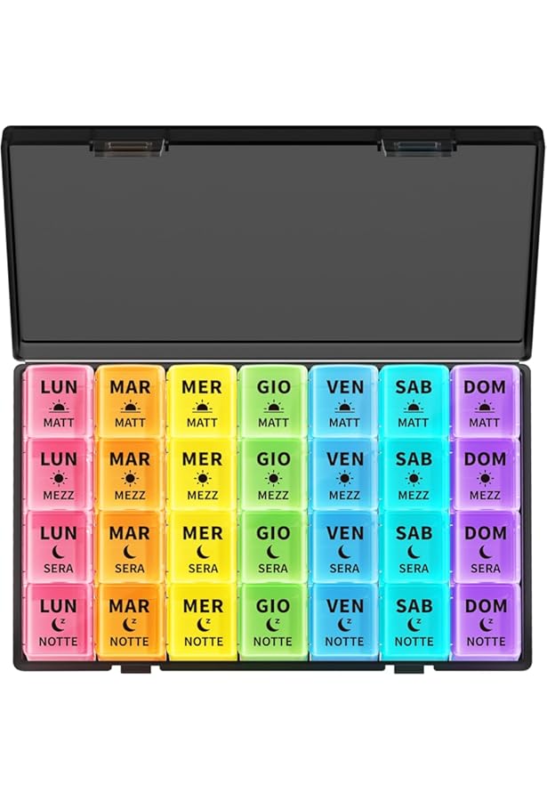 Portapillole, Organizer Per Tablet 28 Slot Dispenser Per Pillole 7 Giorni Con Design Del Coperchio Per Conservare Pillole, Orecchini, Anelli, Collana Di Perline - Foto 3