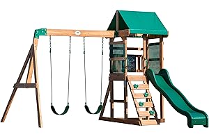 Backyard Discovery Buckley Hill Wooden Swing Set | Outdoor Playhouse for Kids, Garden Playground for Children, 2 Belt Swings, Climbing Frame, 6 Foot Slide, 100% Cedar Wood | For 3-6 Year Olds