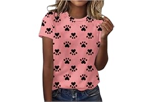 GENERIC Womens Going Out Tops Dog Paw Print Summer Casual Tops Short Sleeve 80S T Shirts Women Round Neck Ladies Blouse Causal Loose Henley T-Shirt
