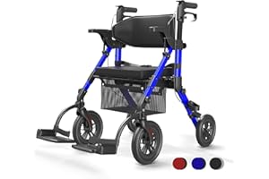 VOCIC Déambulateur Fauteuil Roulant 2 en 1 pour personnes âgées,Chaise de transport Rollator en aluminium réglable en hauteur pour l'extérieur et les voyages,Bleu(Garantie 5 ans)
