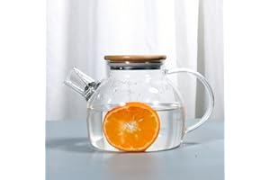 HwaGui Théière en verre borosilicate 1000 ml avec filtre en métal, théière avec couvercle en bambou, carafe en verre