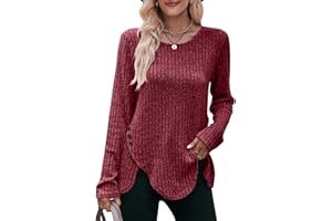 Jabeiyou Haut Femme Col Rond Automne Hiver Chic et Elegant Chaud Brossé Manche Longue Pull Casual Long Chemise Bouton Décoratif Irrégulier Couleurs Unies Tee Shirt Basique Top Taille S-XXL