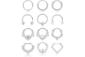 JeweBella 12 szt. kolczyków do przegrody nosowej, biżuteria ze stali chirurgicznej, 16 g, kolczyki do nosa dla kobiet, dziewcząt, zapięcie typu clicker, zestaw pierścionków do przegrody nosowej,