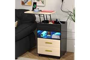 Lvhecforhm Nachttisch mit Wendbarer Hebefläche, Nachttisch mit Ladestation, Nachttisch mit Rolle und USB Anschlüsse,LED Licht Farben Beleuchtung,Nachttische mit Offenen Fächern Hochglanz Front Schwarz