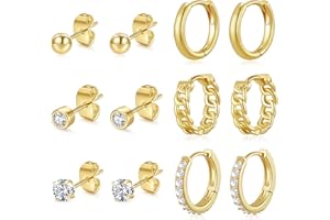BMMYE 6 Pairs Small Gold/Silver Stud Earrings for Women 14K Gold Stud Earrings Set for Multiple Piercing Cartilage Sleeper Tiny Mini Gold Huggie Hoop Earrings 925 Sterling Silver Stud Earrings