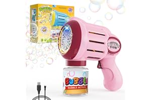 P PANACARE Automatic Bubble Machine for Kids,10000+ Bubbles Per Minute，Rechargeable Bubble Blower,Bubble Maker for kids with 10 Holes/lighting/90MLX2 Bubble Solution for Parties,Wedding,Birthday,Gift (Pink)